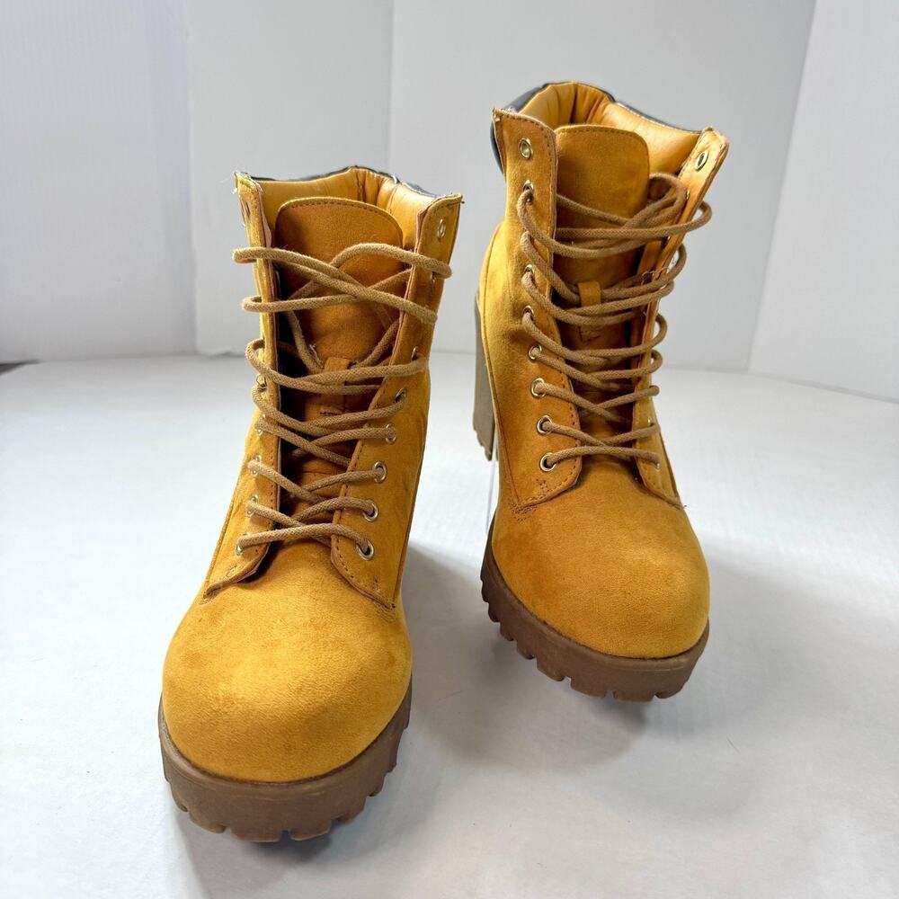 Platform Lace Up Ankle Boots Tan Faux Suede Chunky Heel 8.5